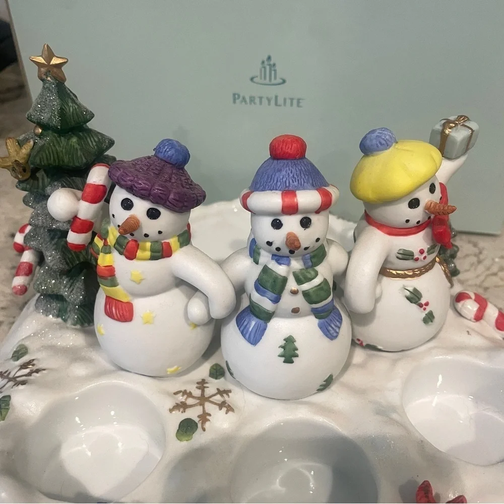 Partylite Snowman Trio Pillar & Tealight Holiday Candle Holder Snowmen 10